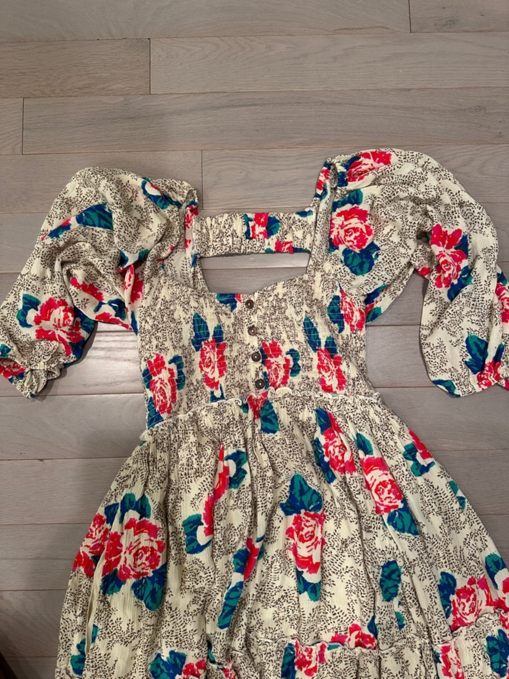 Free People Womens Floral Puff-Sleeve Dress - Cream with Pink & Blue Blooms - Picture 2 of 4